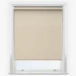 Beige roller blind in a white window frame