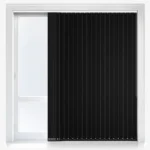 Black vertical blinds on a white patio door.