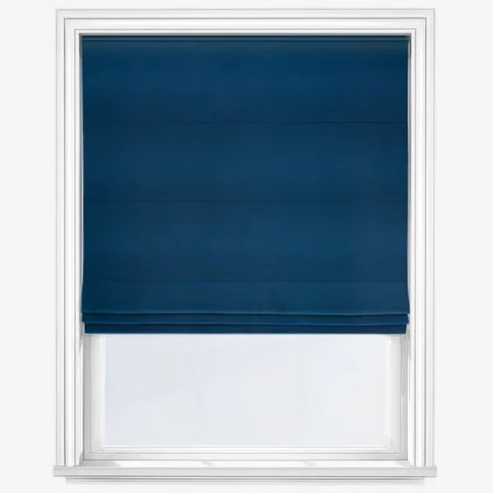 Blue Roman blind in a white window frame