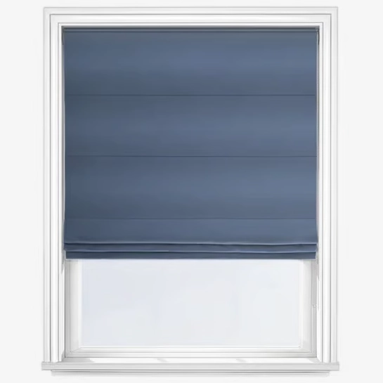 Blue Roman blind partially closed on a white window