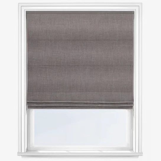 Grey Roman blind in a white window frame