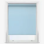 Light blue roller blind in a white window frame