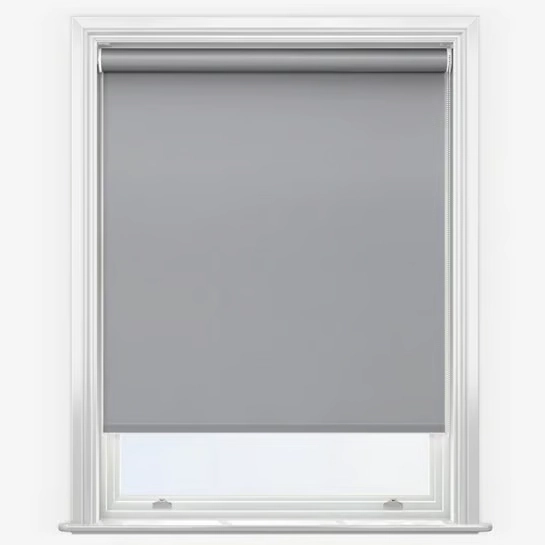 Light gray roller blind in a white window frame