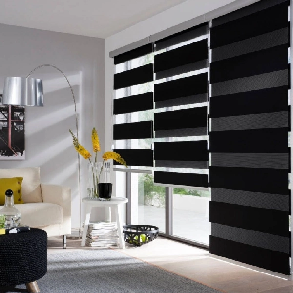 Modern living room featuring motorized black zebra blinds