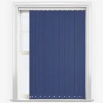 Navy blue vertical blinds in a white window frame