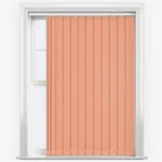 Peach vertical blinds on a white window frame