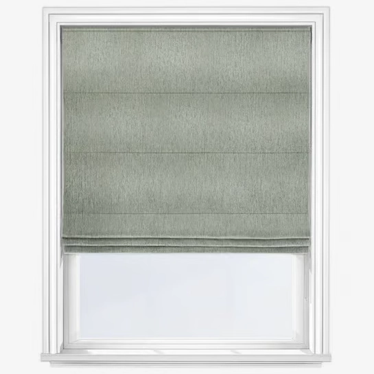 Sage green roman blind in a white window frame