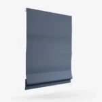 Side view of a blue Roman blind against a white background