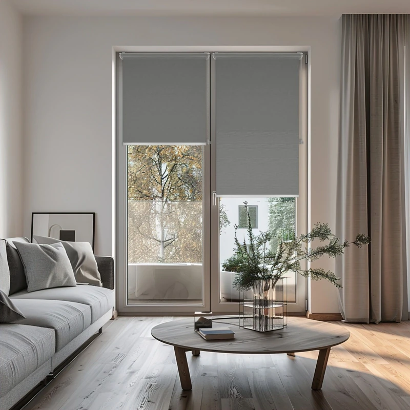 Sleek gray motorized roller blinds partially covering a glass door