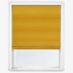 Yellow Roman blind mounted in a white window frame