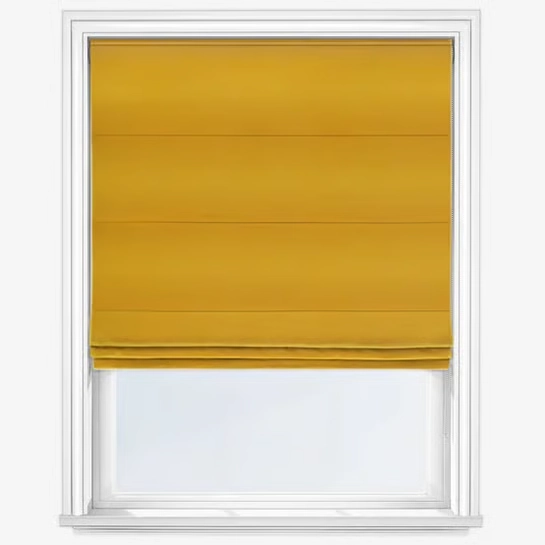 Yellow Roman blind mounted in a white window frame