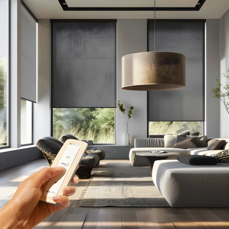automated, dark roller blinds in a modern, sunlit living room.