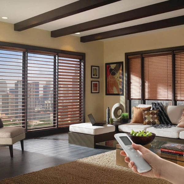 contemporary living room featuring motorized horizontal wooden blinds