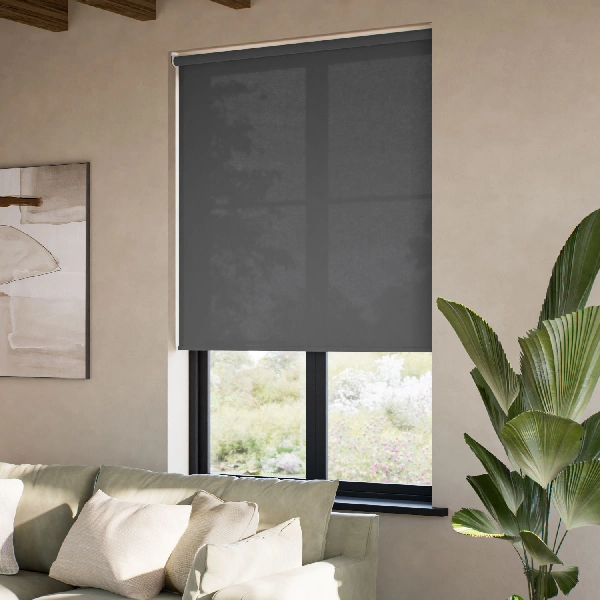 modern living space featuring a single charcoal grey motorized roller blind