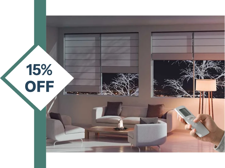 remote control to operate white motorized Roman-style blinds in a living room